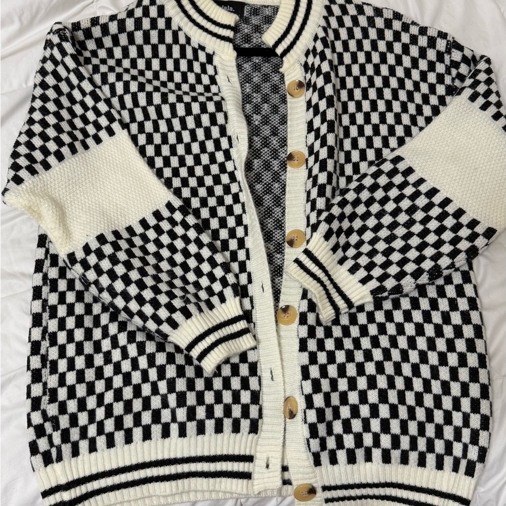 Dressed in LALA Black and White Checkered Cardigan